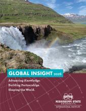 cover page of Global Insight magazine; waterfall and snowy mountain in background; rainbow above water; text reading: Global Insight 2026 Advancing Knowledge. Building Partnerships. Shaping the World.